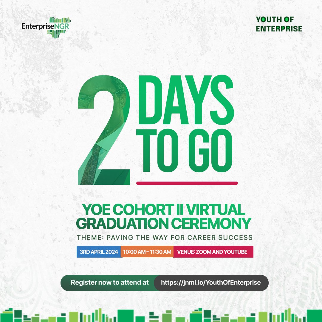 It’s only two days to the YOE Cohort 2 virtual graduation ceremony featuring @Enioluwa_ and Bola Adeeko, Group Director - Special Projects Flour Mills of Nigeria Plc (FMN). Visit jnml.io/youthofenterpr… to register now. Like and retweet! #YOEInternship