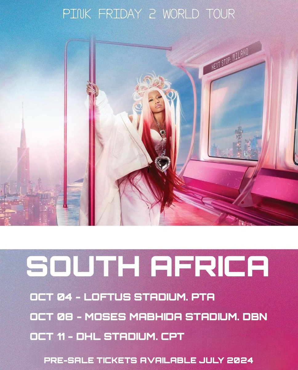 NM_SouthAfrica's tweet photo. SOUTH AFRICA STAND TF UP 🇿🇦

@NICKIMINAJ is bringing the #PinkFriday2GagCityWorldTour to South Africa THIS OCTOBER!!!
Pre-sale tickets will be available in July, stay tuned for more details 🦄💝🎀 https://t.co/LirtvoNgn1