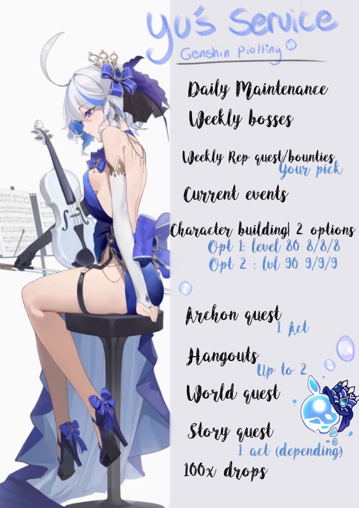 Does your account need a little tlc? Are you too busy to show your adorable characters some love?

No worries! With Yuu’s Piloting service you can have that done for you! 

All services are FREE for a limited time! 
#GenshinImapct #genshintwt #genshinpilot #GenshinPiloting