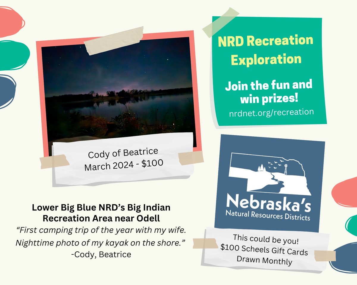 Congratulations to Cody of Beatrice, our first NRD Recreation Exploration monthly winner! Cody will receive a $100 Scheels gift card and a chance at the grand prize of $1,500 in September! Get all the details on participating here: nrdnet.org/recreation