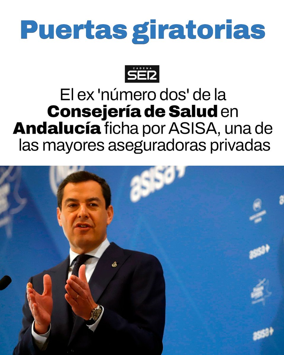 El aseguramiento privado va como un tiro en Andalucía, y el grupo hospitalario de ASISA, HLA, gana dinero a espuertas gracias al PP y su destrozo en el SAS.

Normal que ASISA contrate a alguien que le ha puesto alfombra roja para hacer negocio en nuestra tierra.

Qué vergüenza.