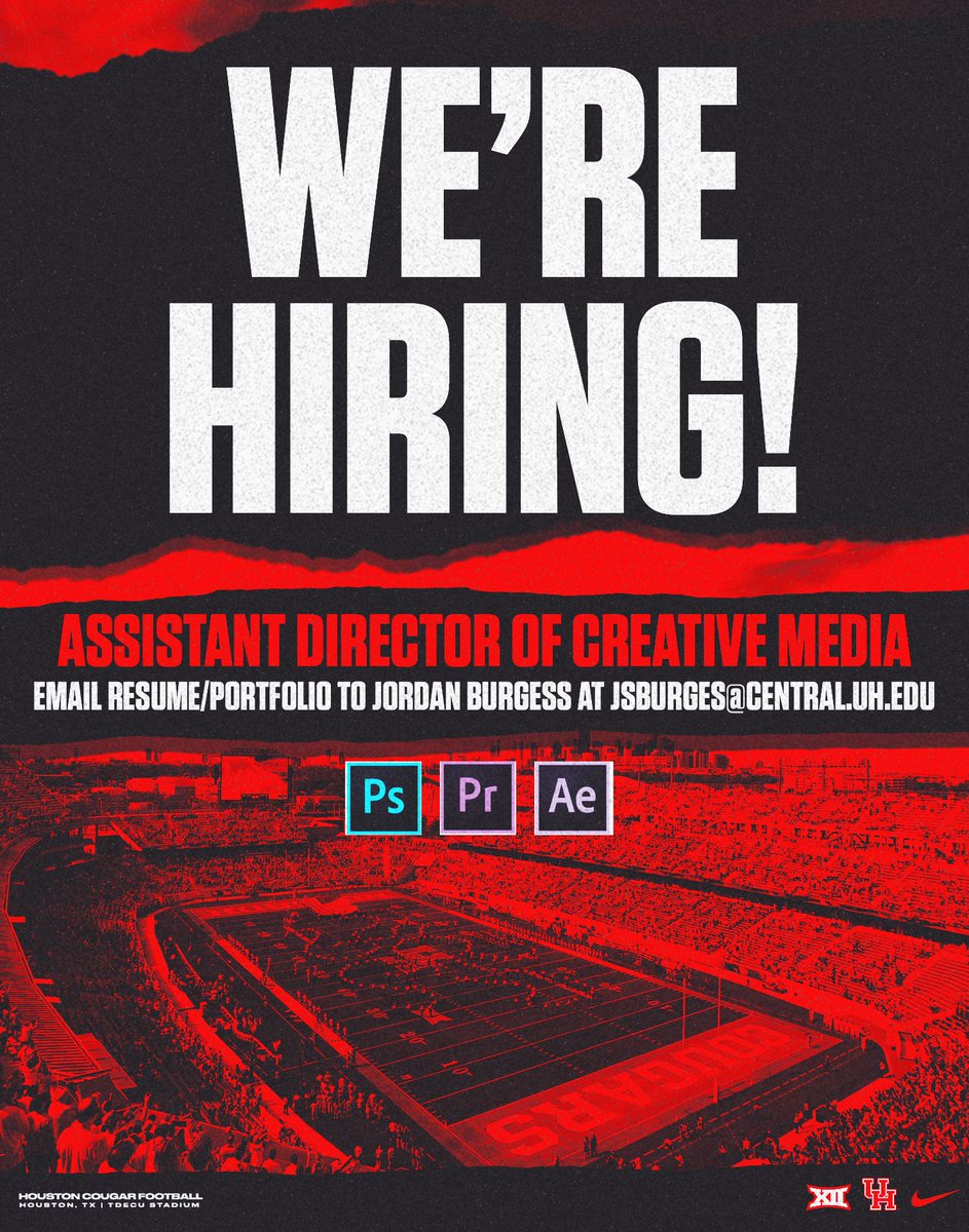 Come join the @UHCougarFB creative staff! We’re looking to hire an Assistant Director of Creative Media. This position will be heavy on video. Email me at jsburges@central.uh.edu for more info! #GoCoogs