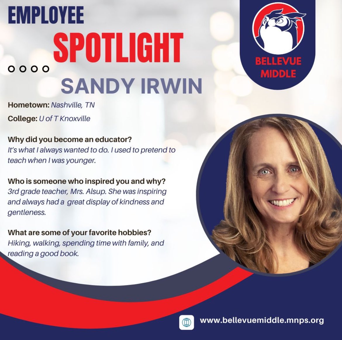 Our April employee spotlight is our multi-talented Numeracy Coach, Ms. Sandy Irwin! She’s been a part of the BMS community for many years and we don’t know what we’d do without her! 💙❤️🦉