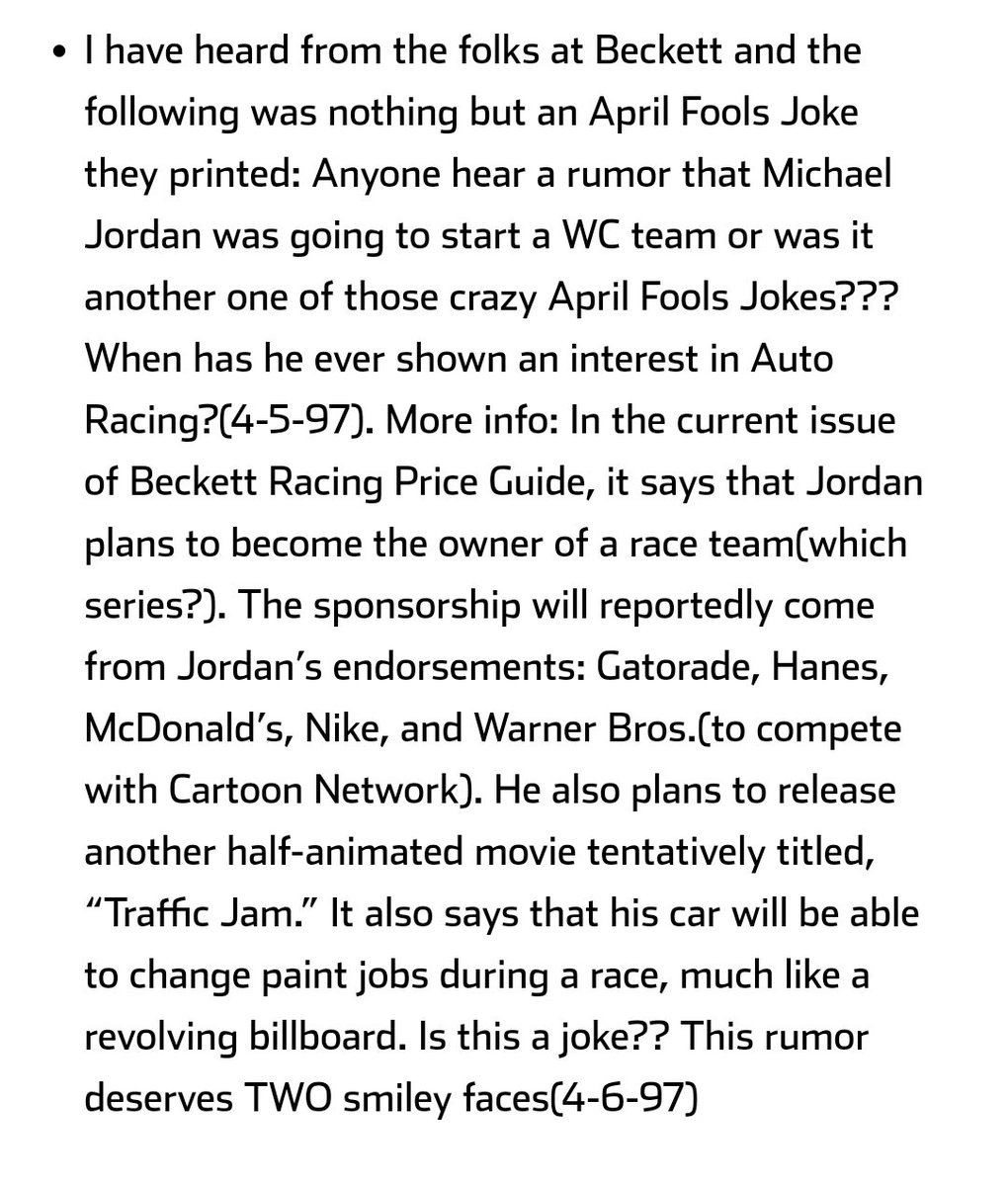 April Fools 1997: A far-fetched news story says Michael Jordan will co-own a NASCAR team with sponsorship from McDonald's and Nike.