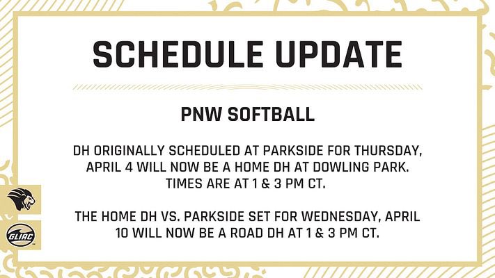 🚨SCHEDULE UPDATE🚨 Due to inclement weather at Parkside, the @PNWSoftball road DH that was scheduled for Thursday, Apr. 4 will now be a HOME DH vs. Parkside at 1 & 3 PM CT. The home DH set for Wednesday, Apr. 10 vs. Parkside will now be an AWAY DH at 1 & 3 PM CT. #RoarPride 🦁