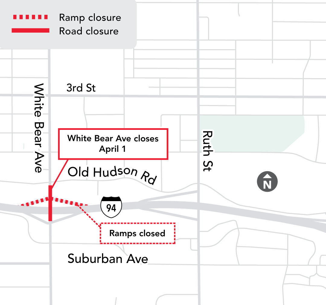 White Bear Ave is closed between Old Hudson Rd and the eastbound I-94 ramps until Fall 2024. The westbound I-94 ramps are closed, and the eastbound I-94 ramps will remain open. Follow posted detour route. @CityOfSaintPaul