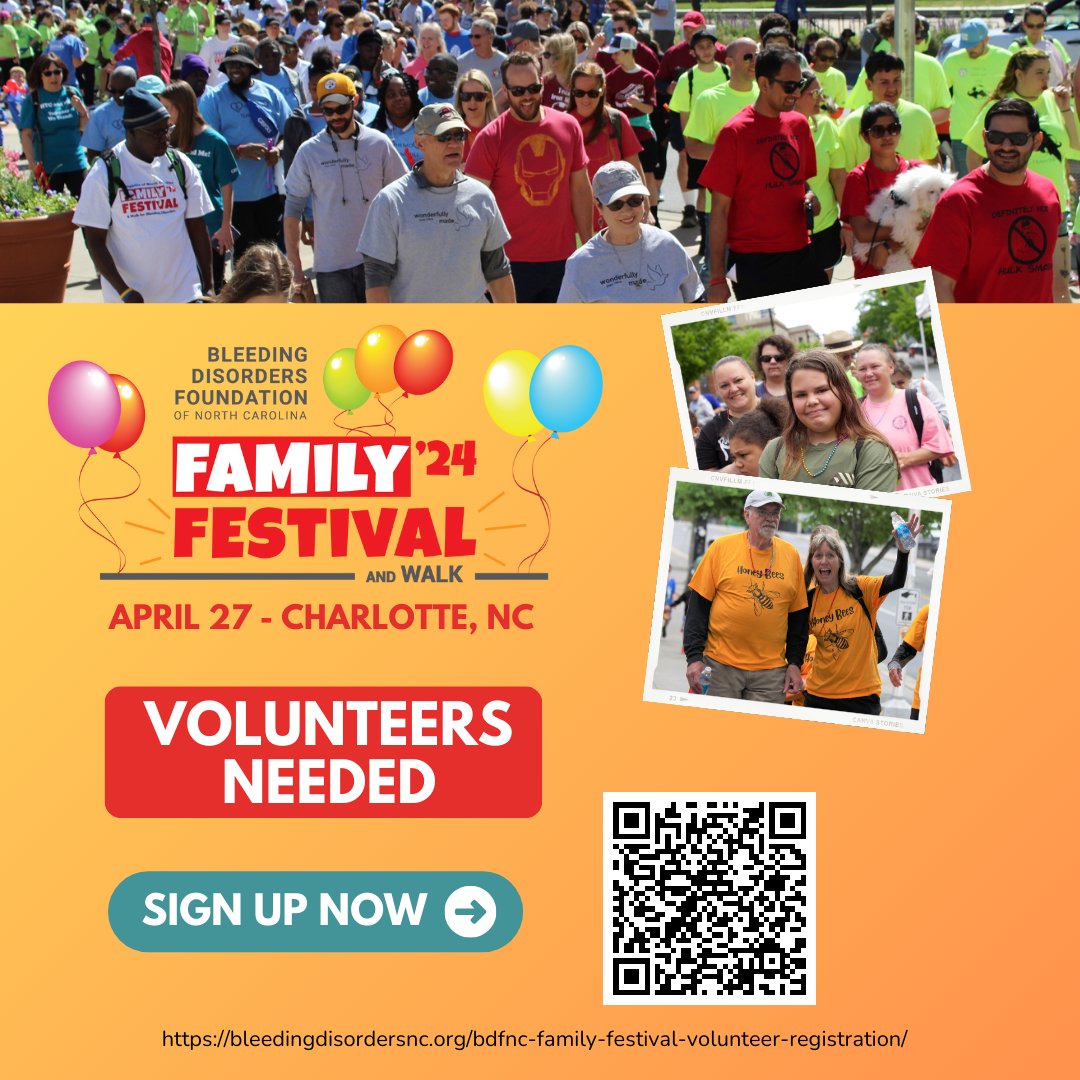 Need volunteer hours? Want to support BDFNC? We have the opportunity for you! BDFNC needs volunteers for our 2024 Family Festival and Walk on April 27 in Charlotte, NC. To sign up - scan the QR code or visit bleedingdisordersnc.org/bdfnc-family-f…