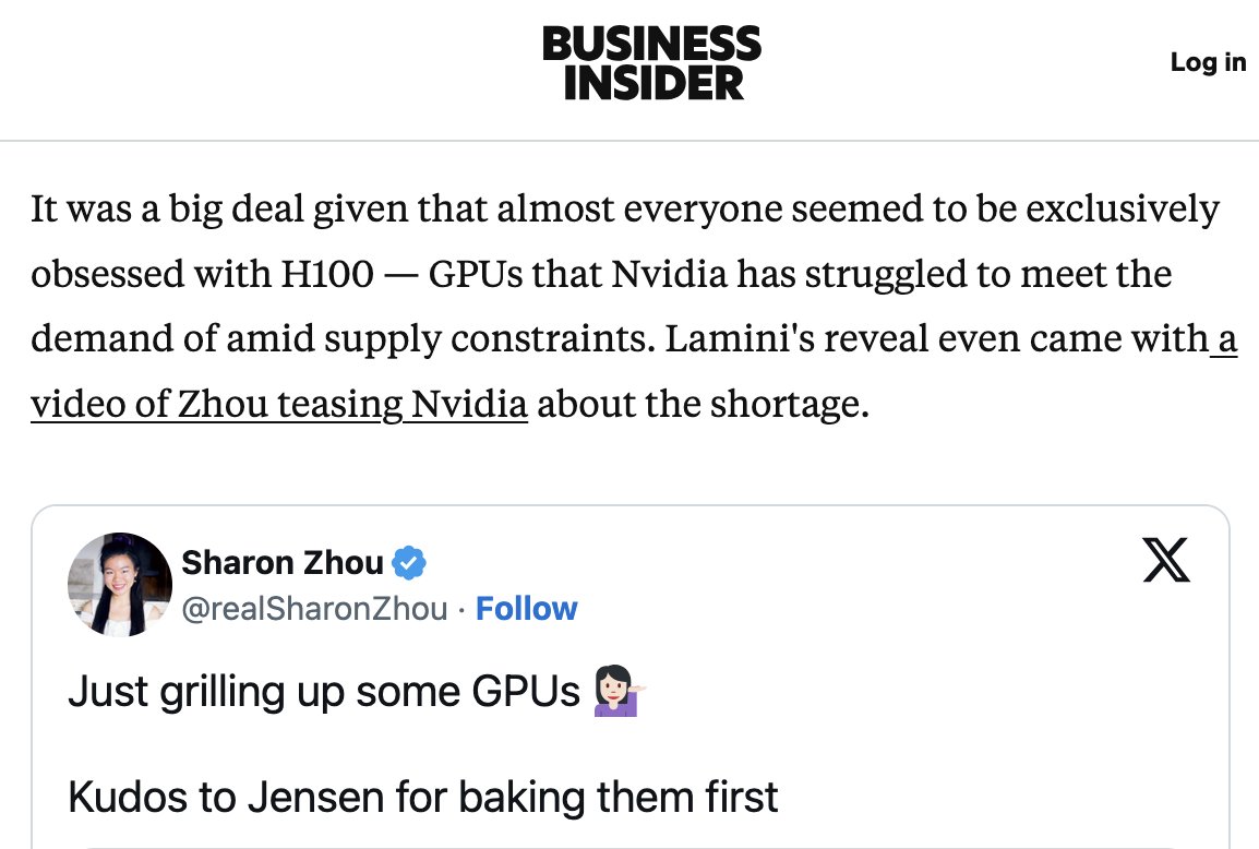 Title: Meet Sharon Zhou, the AI founder doing just fine without Nvidia's chips Published on: April Fool’s Day 🤡 Me: Couldn't pick another day? 😂💀 If you want your LLM infra to run on vendor-agnostic compute (Nvidia or AMD), just grab an API key @LaminiAI in <1 min. Drop me a…