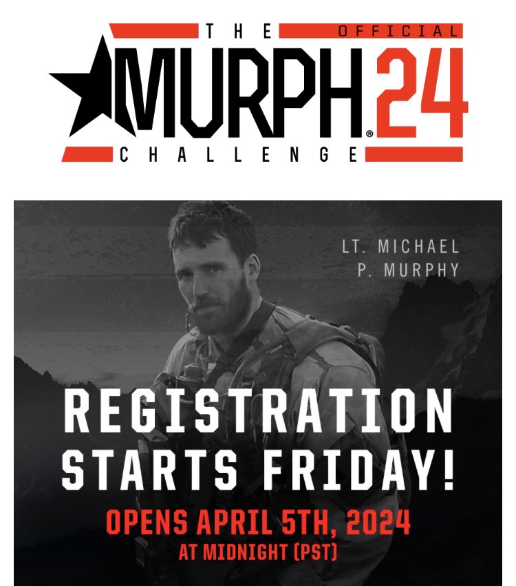 Registration opens on Friday. This year’s goal is to complete it under 40 minutes. Let’s get this shit done! #murphchallenge