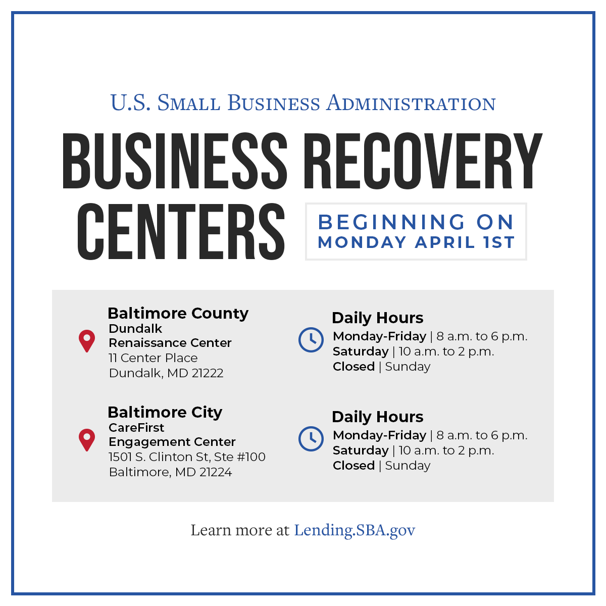 Today, @SBAgov will begin to operate the following Business Recovery Centers to assist business owners in completing disaster loan applications, accept documents for existing applications, and provide status updates on loan applications. lending.sba.gov