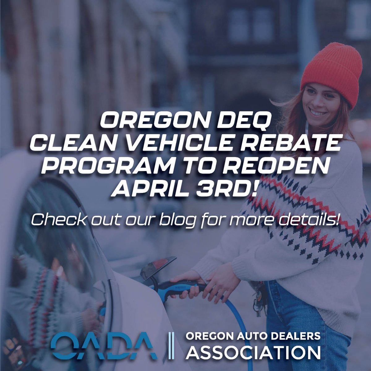 OregonAutoShow's tweet photo. Oregon DEQ's Clean Vehicle Rebate Program is reopening on April 3rd! 🎉 

If you're considering purchasing or leasing an electric vehicle or plug-in hybrid, this is your chance. The program will be open until June 3rd, but act fast as funds are limited! 

For more details, vis... https://t.co/XQmojd6Znm