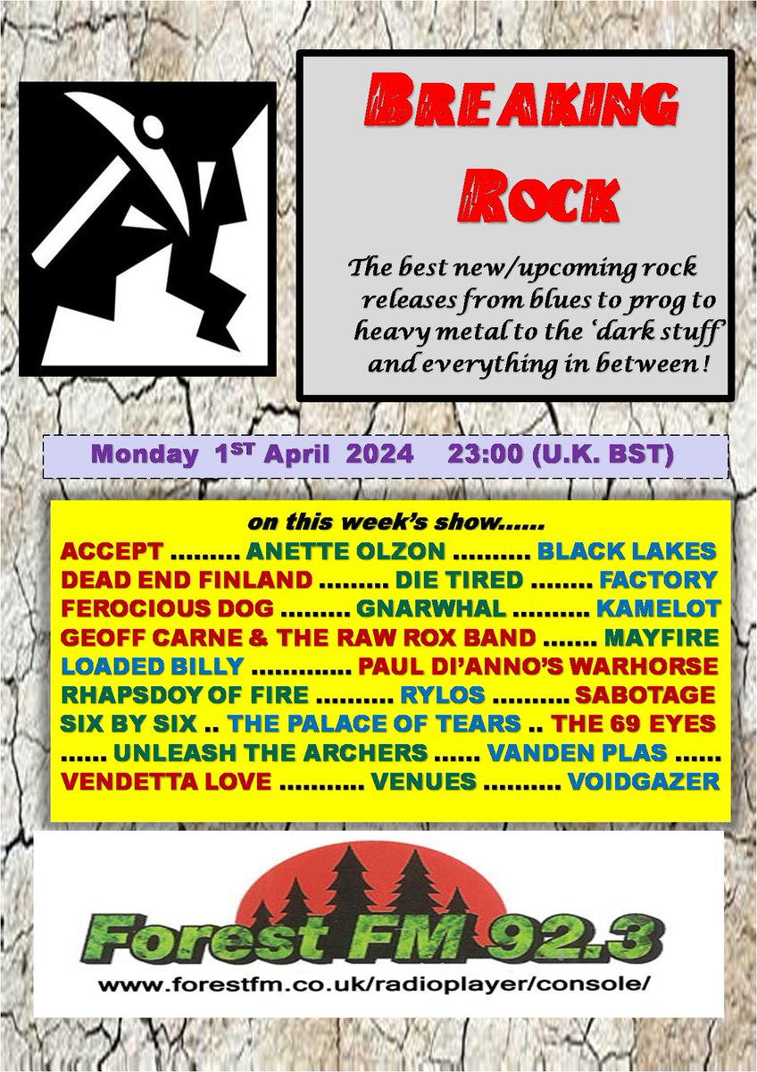 pjbreakingrock's tweet photo. Just announced! @pjbreakingrock #radioshow @ForestFM today 11pm (UK) stream https://t.co/sjudUtZAIW feat. @PlanetRylos @sixbysixband @palaceoftears @69eyesofficial @UnleashArchers @VendettaLove_ @VENUESofficial #Voidgazer #VandenPlas #SabotageIndia #LoadedBilly #Gnarwhal + more https://t.co/elp8mp7aUs