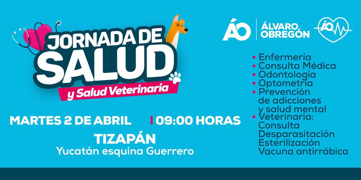 La jornada de salud y salud veterinaria llega a Tizapán. Cuida de tu salud y la de tu mascota. Te esperamos mañana a partir de las 9 a.m.