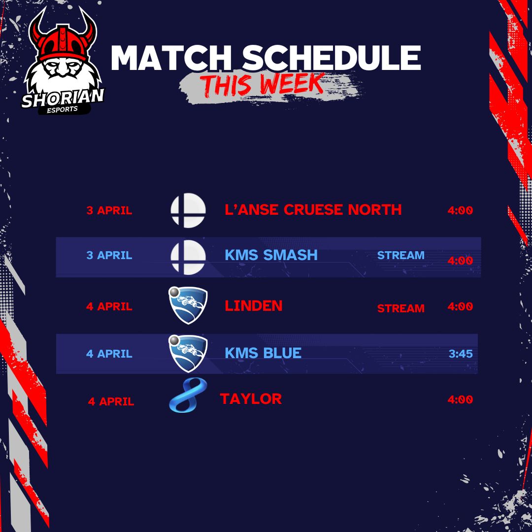 'Gear up, #Esports Fans! 🔥 This week is packed with action as we face off against formidable foes! 🎮💥
🔹3 APR - #Smash vs. @LAnseCreuseHSN #crusadernation
🔹4 APR - #RocketLeague vs. @LHSEsportsGO
🔹4 APR - #MarioKart vs. @ths__students

Don't miss the stream at 4 PM! 🕓