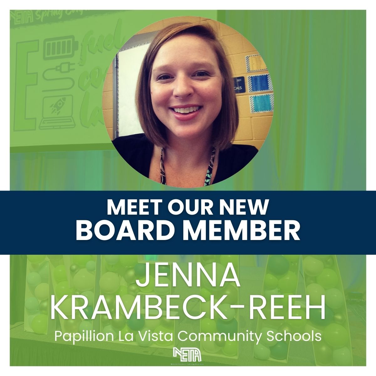 Let's give a big #yourNETA welcome back to one of our newest board members, Jenna Krambeck-Reeh from Papillion La Vista Community Schools! Thank you for continuing to serve NETA members.