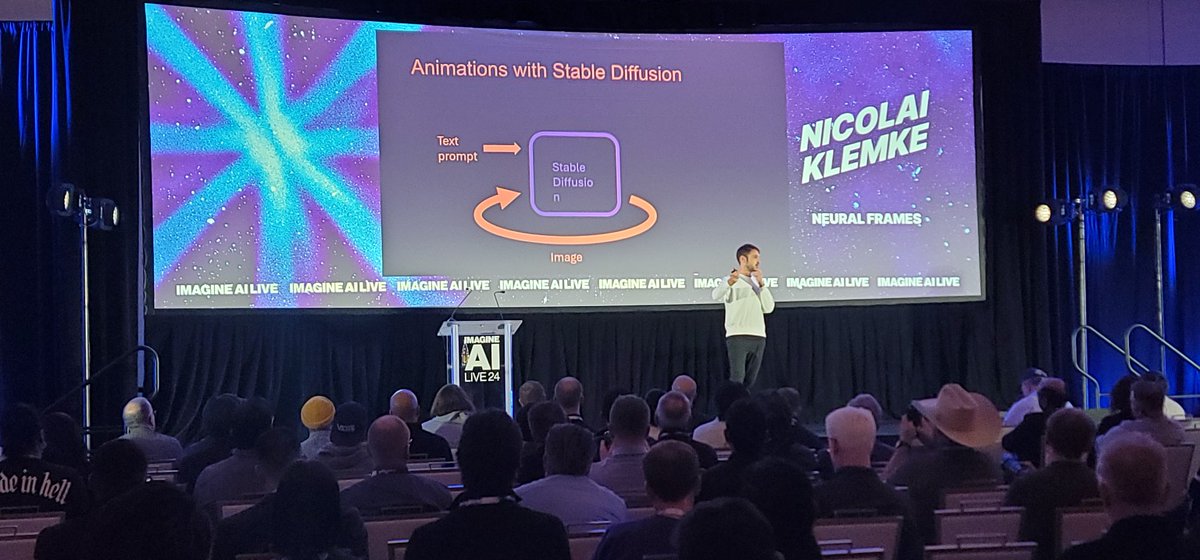 Animating the future! Nicolai Klemke shows off Stable Diffusion's magic at #ImagineAILive24 – turning text into animated stories. 🎨✨ #AnimationTech #NeuralFrames