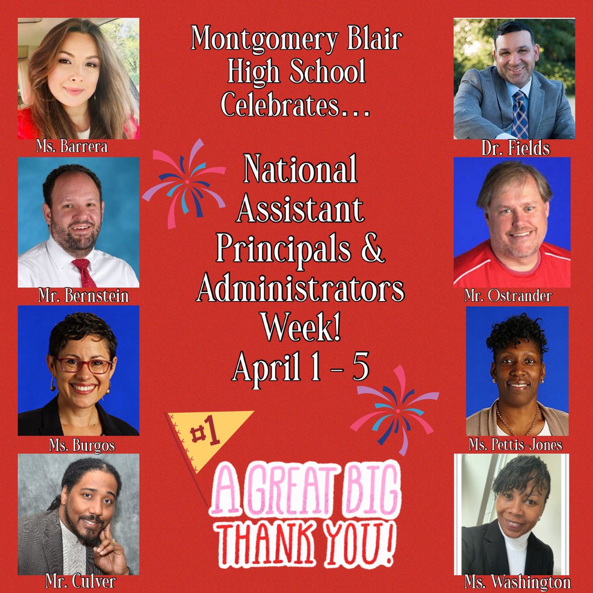 Join me in honoring our OUTSTANDING  ADMINISTRATIVE TEAM during National Assistant Principals & Administrators Week, April 1 - 5!🎉 THANK YOU TEAM BLAIR for your leadership and support of students, staff & families! #APweek24 🎉