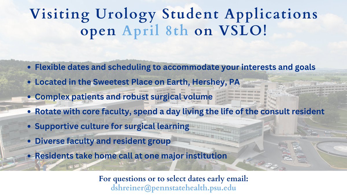 REMINDER: Our #VSLO applications open THIS MONDAY (4/8)!! We are excited to host amazing visiting students/aspiring urologists this year! Questions or to pick dates early, email Danielle at dshreiner@pennstatehealth.psu.edu!