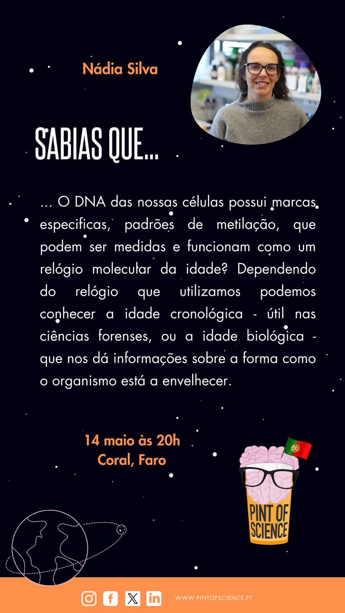 Descobre algumas das curiosidades do trabalho desenvolvido pelos oradores da cidade de Faro 😉 que irão fazer parte do festival Pint of Science Portugal nos dias 13, 14 e 14 de Maio 👇

#pintworld #pintofscience #pintofscienceportugal #pint24 #portugal #faro