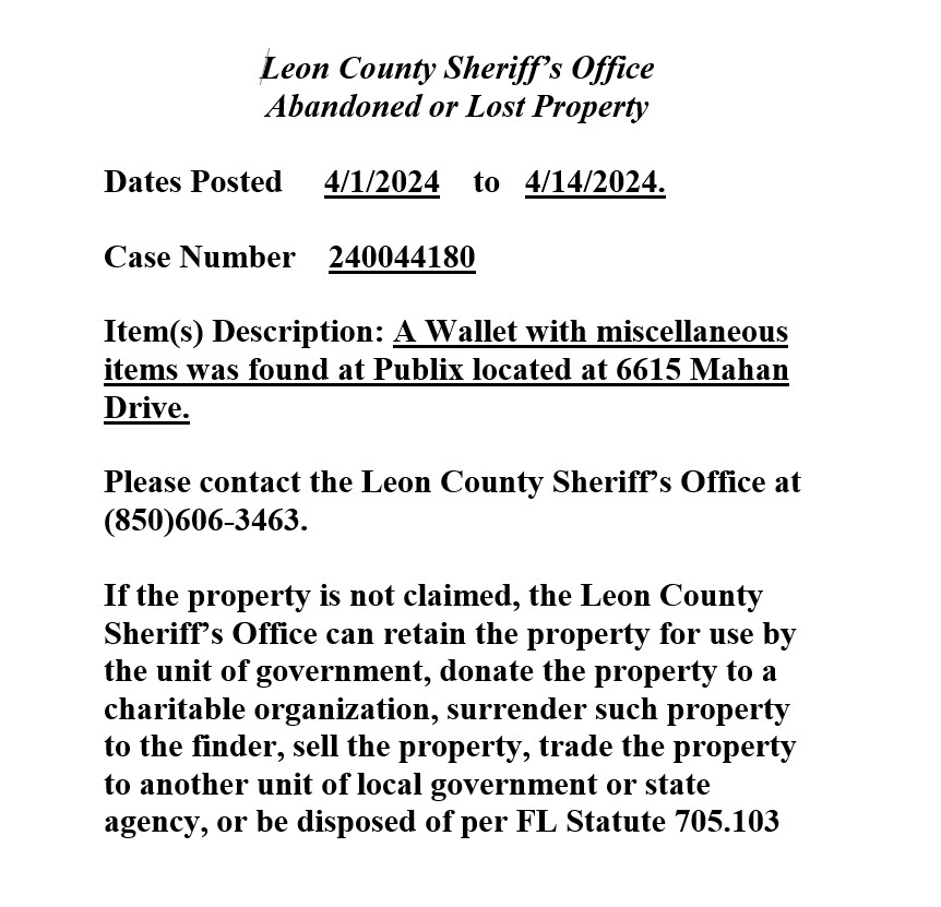 FOUND PROPERTY NOTICE: Must be claimed by the end of the business day on April 14th, 2024.