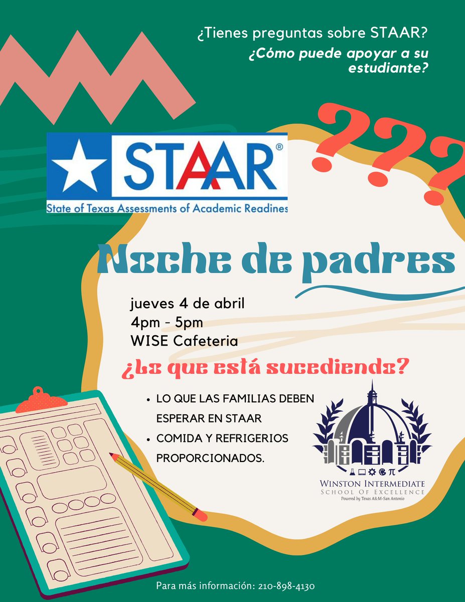 Have questions or concerns about your child taking the STAAR? Join us for WISE Parent Night this Thursday, April 4th at 4pm. Snacks will be provided.