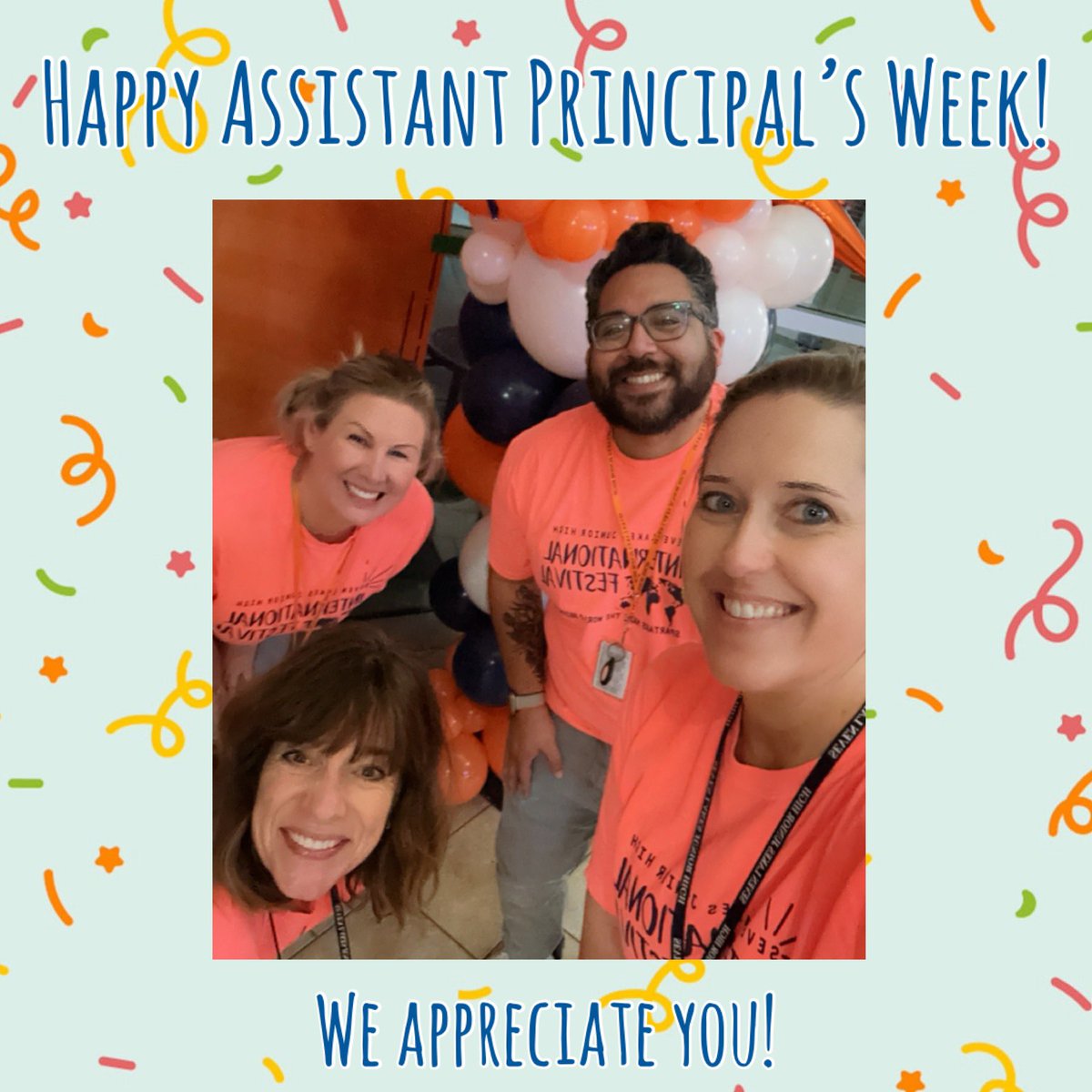 Happy Asst Principal’s Week to these fantastic leaders! 🎉 They work hard to serve students and staff! I am so thankful for this team! 🧡💙 @spartan_speak #7LJHpride @LCantuAP @PollyDusek @AllisonLTravis