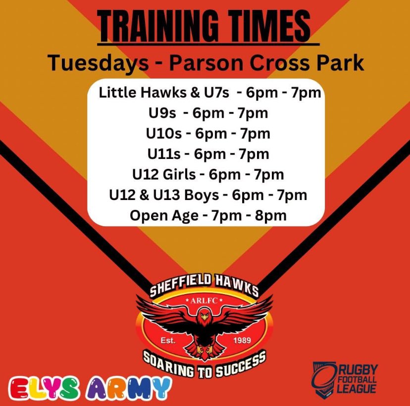 ‼️Tuesday Training ‼️ We’re back on grass and can’t wait to get muddy! Come down and give rugby a try 🏉 No experience needed 💪 📍 Parson Cross Park 🗓️ Tuesdays 🕖 See below #RugbyLeague #Hawks