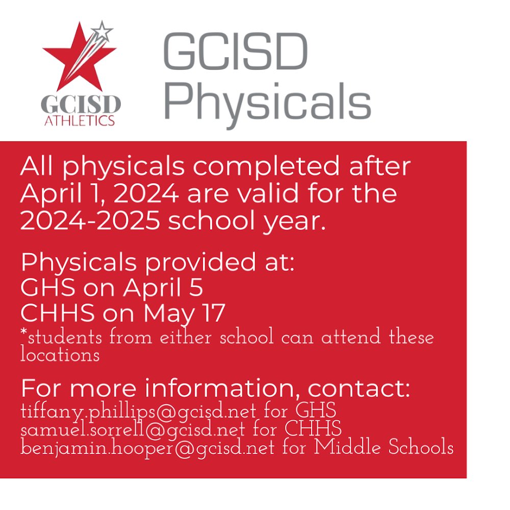 GrapevineAT's tweet image. Heads up that all physicals completed today or after are valid for the 2024-2025 school year!
Join us Friday in the MAC to get your physical completed for next school year