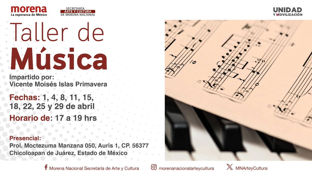 Recuerda que todos los lunes y jueves de abril, te estaremos esperando en la Casa de Cultura Tlamaticalli en Chicoloapan de Juárez, Edo. Mex. Para el taller de Música. 
#UnidadyMovilización #ArteyCulturaMorena #Talleres #saberes #musica