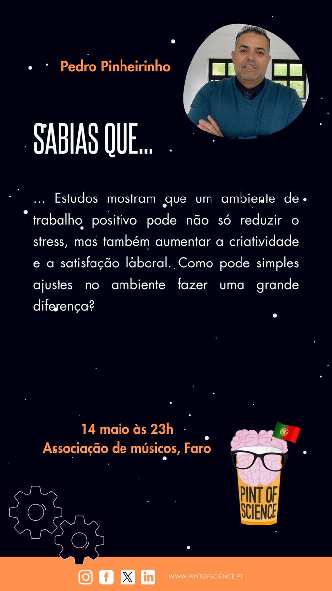 Descobre algumas das curiosidades do trabalho desenvolvido pelos oradores da cidade de Faro 😉 que irão fazer parte do festival Pint of Science Portugal nos dias 13, 14 e 14 de Maio 👇

#pintworld #pintofscience #pintofscienceportugal #pint24 #portugal #faro