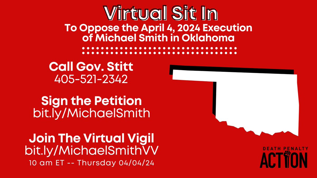 I've just called @GovStitt as #Oklahoma is preparing to execute #MichaelSmith on April 4, 2024. Mr Smith should be ineligible to be executed due to an intellectual disability. PLEASE call the governor - 405.521.2342 and ask him to halt the execution of Mr Smith. @DeathPenaltyAct