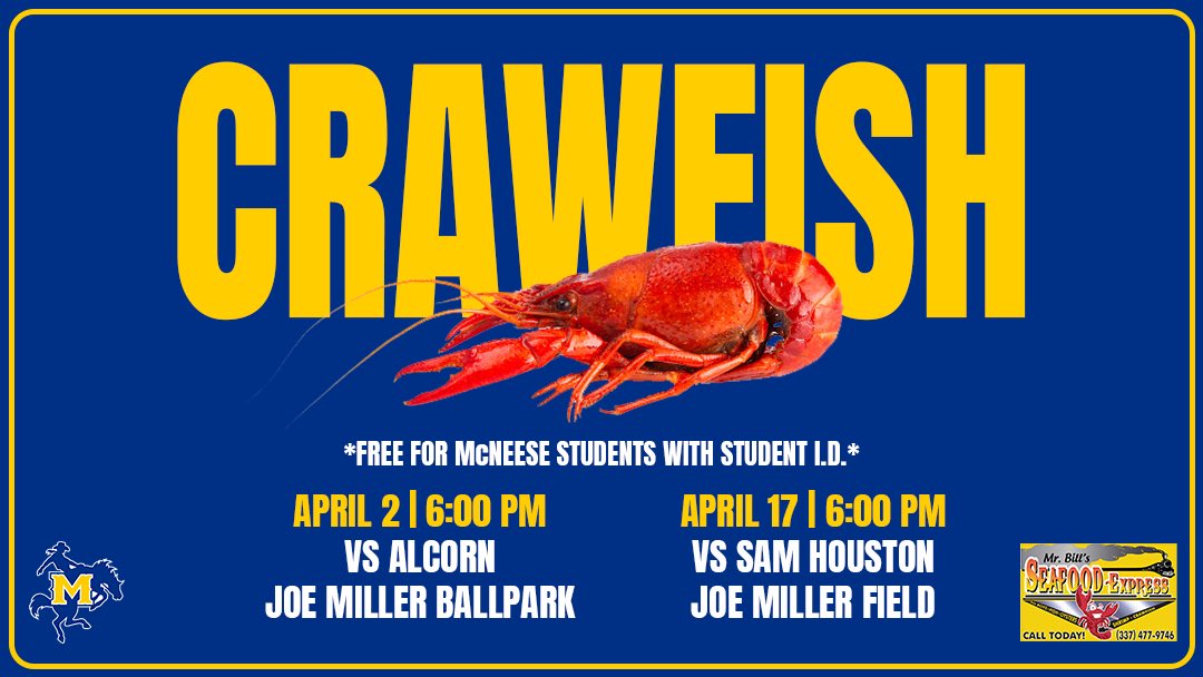 Hey students, don’t miss your chance to get free crawfish from Mr. Bill’s Seafood Express at baseball and softball this month! #GeauxPokes