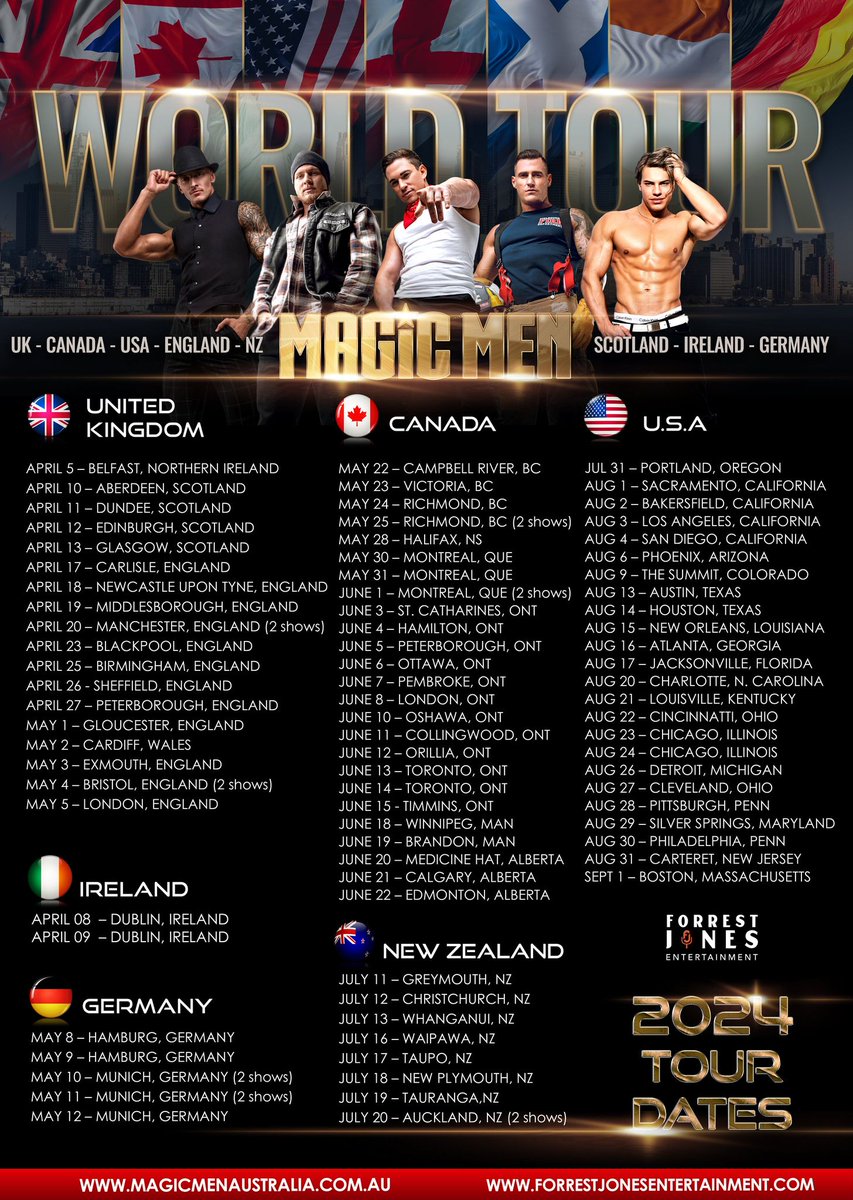 ForrestJonesEnt's tweet image. MAGIC MEN AUSTRALIA WORLD TOUR - 2024 - PLEASE SHARE WITH ALL YOUR FRIENDS...