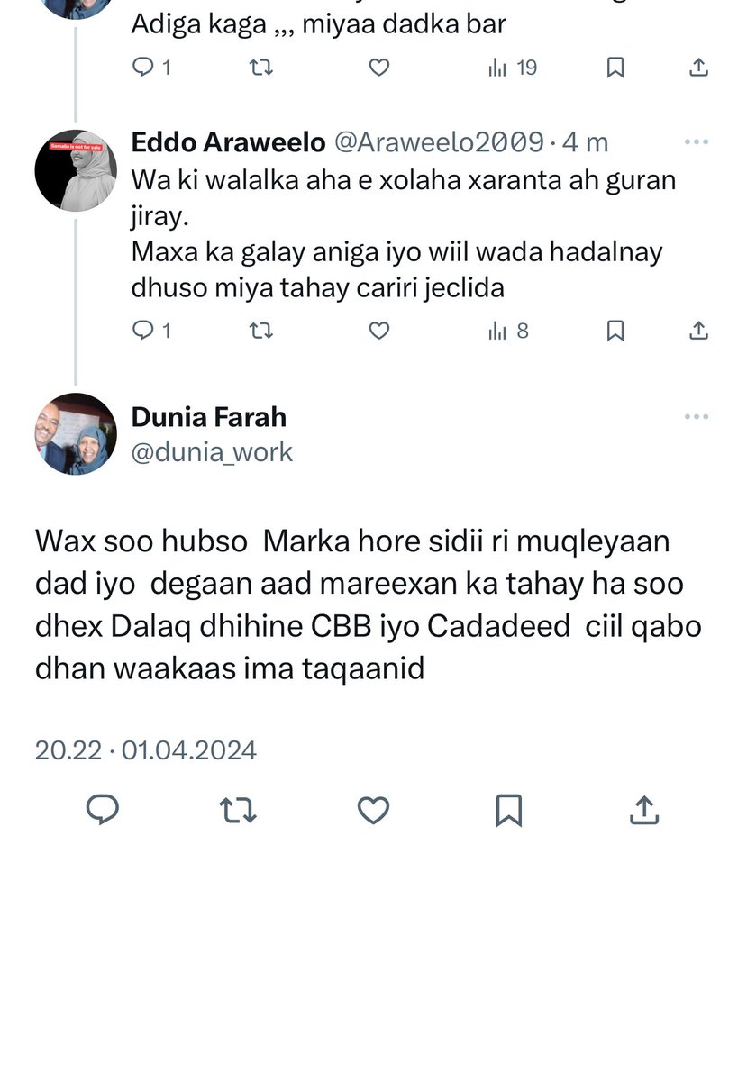 Fagatax..🤡
Habar weyn e bila aqlaaaq ah..!
Waxan inay i danbajiso un Bay rabtay👾
Mareexan wa boqortoyada somalia 30 sano ka talineysay maxa ku geyeye. Aniga ma i cayso qof awod wayeye ba qabil ganaha surta🤡
Maxay u carartay habaryahay 60 jirka ah e Twitter kuwalatay wa balan