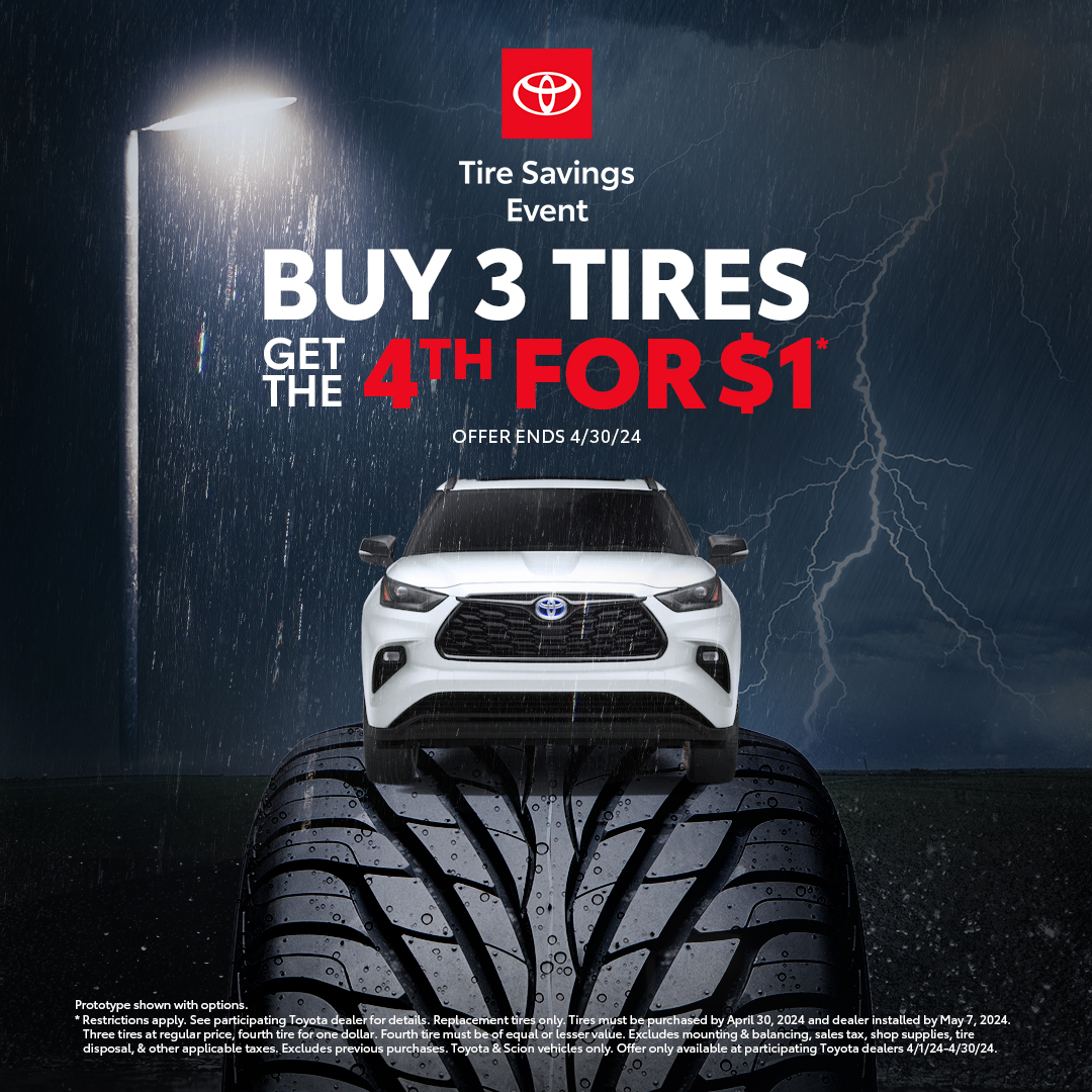 thomasvilletoyo's tweet photo. The Tire Sales Event is on a roll. Don’t let this steal of a deal pass you by! Buy 3 tires, get the 4th for $1 - now through April 30th!

Shop now --> https://t.co/cGTOflBdvj https://t.co/5i9ka1sNgV