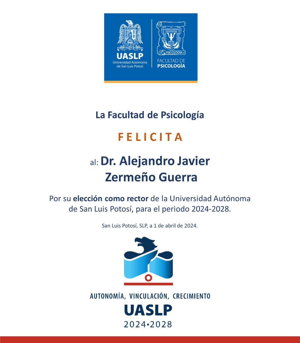 UaslpPsicologia's tweet photo. Grandes noticia para  @lauaslp 🎉
Celebramos la reelección del Dr. Alejandro Javier Zermeño Guerra como rector; estamos seguros de que con su liderazgo y visión, los próximos cuatro años estarán llenos de aciertos y decisiones que beneficiarán a nuestra comunidad universitaria📘 https://t.co/N4YbaTvoAu