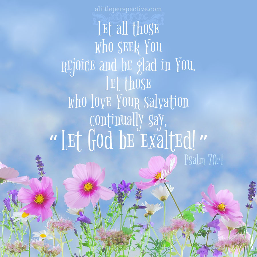 Let all those who seek You rejoice and be glad in You. Let those who love Your salvation continually say, “Let God be exalted!” - Psalm 70:4 (WEB)