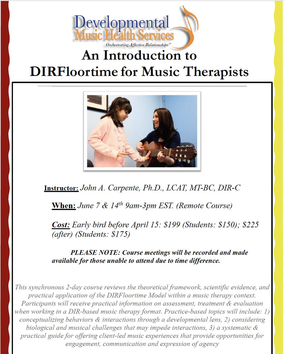 DrJohnMTBC's tweet photo. An Introduction to #DIRFloortime based #musictherapy Course June 7 & 14 synchronous course. For more info & registration https://t.co/2EUuvPZJCF https://t.co/DuPj5LKpaT