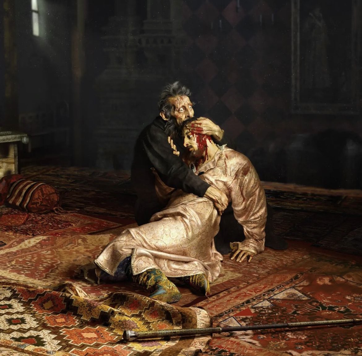 fasc1nate's tweet photo. Ivan the Terrible, the notorious Tsar of Russia, committed a heinous act when he killed his son, Ivan Ivanovich, in a fit of rage. 

This tragic event was depicted by the renowned Russian artist Ilya Repin in one of his most famous paintings.  

The artwork captures the aftermath of the son's untimely demise at the hands of his father. 

Ivan the Terrible, a complex figure known for his intelligence and devout nature, also had a dark side characterized by paranoia, rage, and bouts of mental instability that worsened with age. 

The painting attempts to convey Repin's interpretation of the emotional turmoil that ensued after the fatal encounter.  

The motive behind Ivan the Terrible's dreadful act was a result of a confrontation with his son over the son's pregnant wife. 

The Tsar had beaten his son's wife severely for wearing what he considered promiscuous clothes, causing her to suffer a miscarriage. 

When Ivanovich confronted his father about this cruel act, the Tsar struck him on the head with his sceptre, a blow that proved fatal and led to Ivanovich's slow and agonizing death over three days.  

In the painting, Ivan the Terrible holds his deceased son with a mixture of sorrow, regret, and lingering anger. The young child's eyes are filled with tears, and he clutches his father's arm, revealing signs of potential forgiveness, helplessness, and the devastating effects of the fatal blow he endured.  

Repin's creation of this masterpiece was no easy task; it required an immense amount of time and constant revision to achieve the desired result. 

The artist himself admitted to not enjoying the process due to the frequent reworks, but art critics worldwide have hailed the painting as a true masterpiece.  

It's worth noting that the image presented here is a 3-D version, providing a higher quality that allows for zooming in. 

While some may have reservations about the addition of 3-D elements, it was done to enhance the painting's quality and capture more realistic features rather than alter its essence. The painting continues to be a subject of political debate, historical insight, and reflection on the complexities of the human condition.
