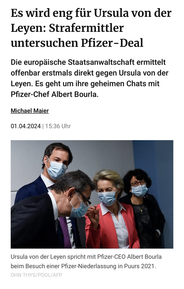 „Im Jahr 2022 hatte die EPPO [Europäischen Staatsanwaltschaft] angekündigt, dass sie die Impfstoffbeschaffung der EU auf breiter Basis untersuchen werde. Die Politico-Enthüllung ist der erste Hinweis darauf, dass sich die Staatsanwaltschaft explizit mit #vonderLeyen|s…