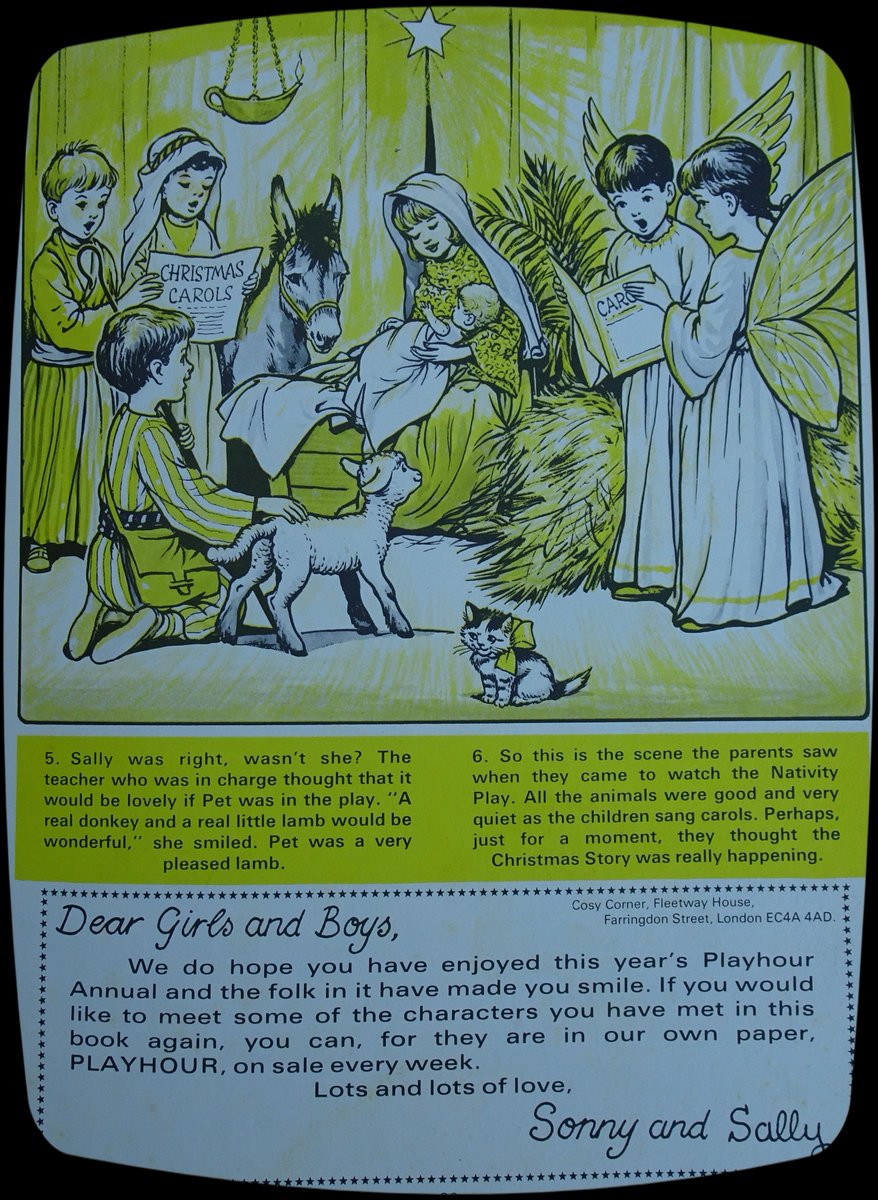 OldSchoolBooks1's tweet photo. The last page of the #Playhour Annual from 1976. A lovely story about a Nativity Play and a goodbye message from Sonny and Sally , plus a plug for their weekly comic (which I used to get ) #vintagecomics #comics https://t.co/rnwACEo6Q4