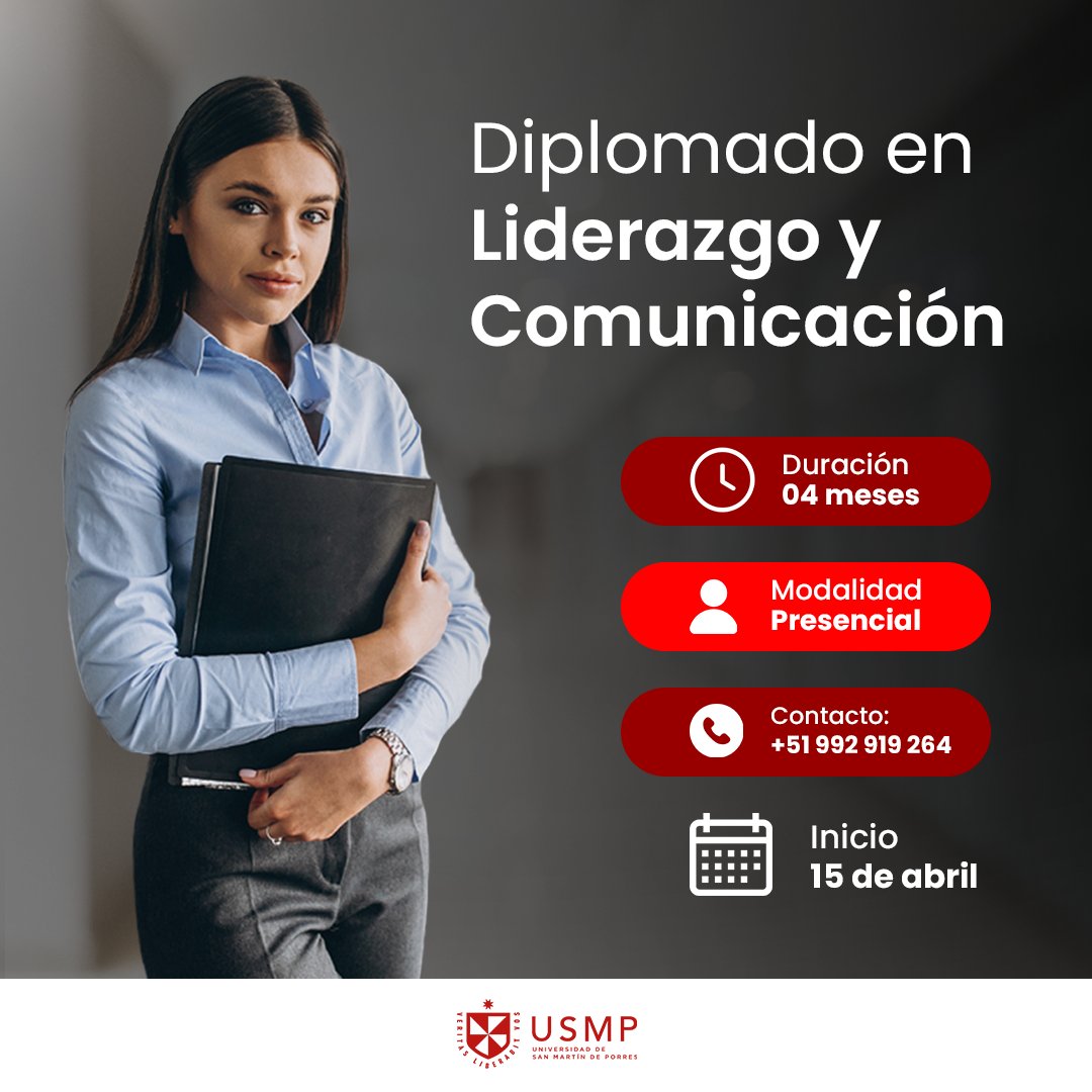 #PosgradoUSMP ¡Inscripciones abiertas al Diplomado en Liderazgo y Comunicación de la USMP! ☝️Clases 100% presenciales. Inicio 15 de abril. Contacto Whatssap ➡️ wa.link/52trda Regístrate aquí ➡️ shorturl.at/qvKU3