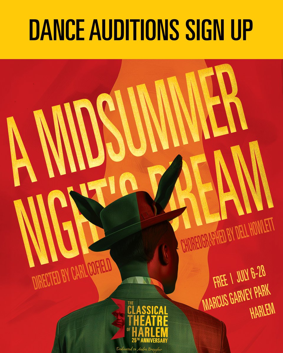 Seeking dancers for A MIDSUMMER NIGHT’S DREAM , a comedy by William Shakespeare. Get more info and sign up for an audition slot at forms.gle/v6va9Fq75sNJ8c… The Classical Theatre of Harlem is seeking dancers for their Summer 2024 show, A Midsummer Night’s Dream. We are seeking