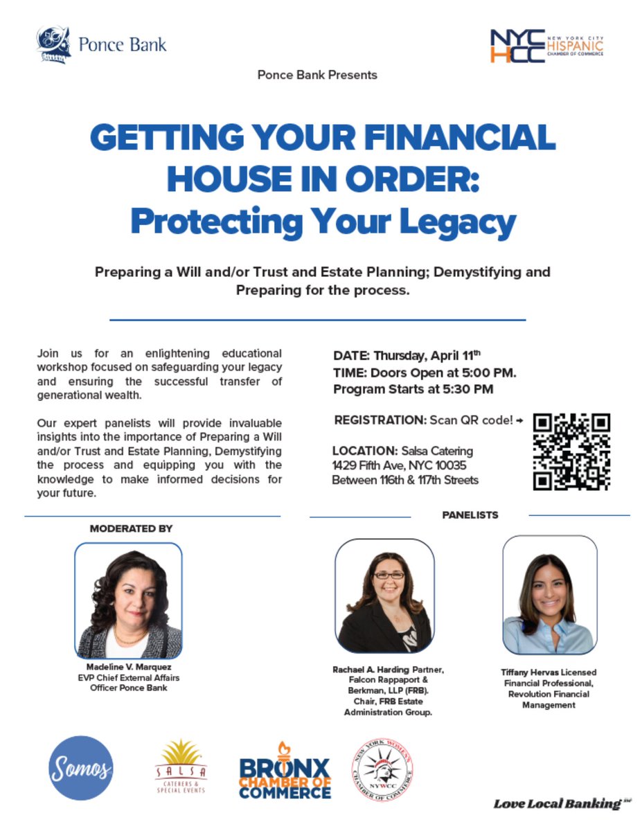 Join our partners @PonceBank & @NYCHCC116 for an important workshop on GETTING YOUR FINANCIAL HOUSE IN ORDER: Protecting Your Legacy. Learn about preparing a Will, Trust, and Estate Planning from professionals in the field. April 11th at 5:00PM. RSVP: bit.ly/ponce_fhouseweb