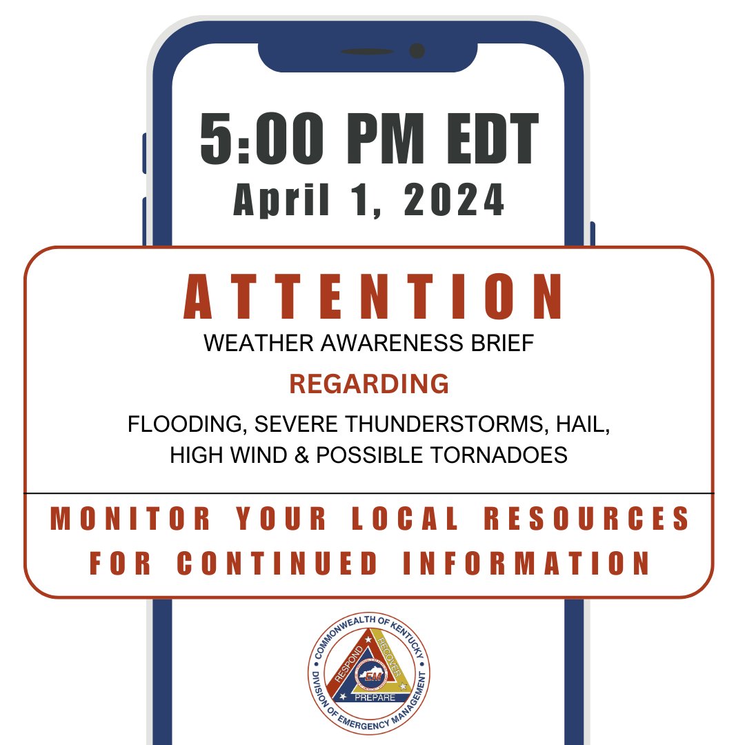 KentuckyEM's tweet photo. Attention, KY! Severe storms are expected tonight & tomorrow. Winds, hail, flooding & tornadoes are all possible.
1️⃣ Prepare now
2️⃣ Stay updated with local alerts
3️⃣ Update emergency plan if you have kids home for spring break.
#KYEM #weatheraware #preparenow https://t.co/Znb0Z152fO