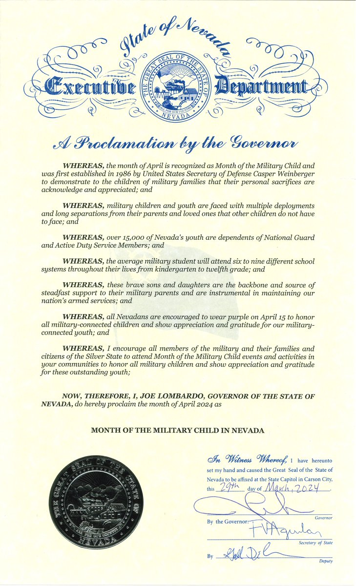 NvstateED's tweet photo. Thank you to Governor @JosephMLombardo for officially recognizing April as the Month of the Military Child with a special proclamation. Let's celebrate the resilience and strength of military children and applaud them for overcoming challenges. #MonthOfTheMilitaryChild #MOMC https://t.co/L7J3Vtvfm1