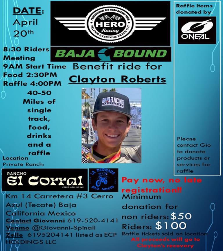 ZappaOMatic's tweet photo. #NHHA: HERO Racing and Baja Bound Insurance will host a 40- to 50-mile benefit ride to support Clayton Roberts in Tecate on April 20. $100 minimum donation for riders, $50 for non-riders. https://t.co/3Dk4MXHXl9