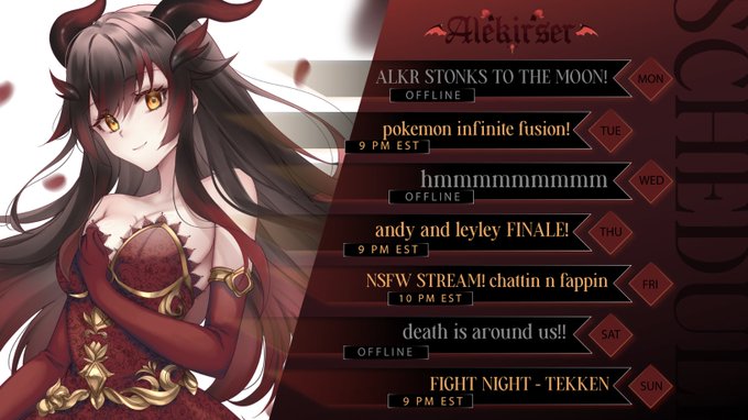 ALEKIRSER HAS TOLD ME TO PUT HER SCHEDULE UP FOR THIS WEEK! (APR 1 - 7)

art by azuukichan https://t