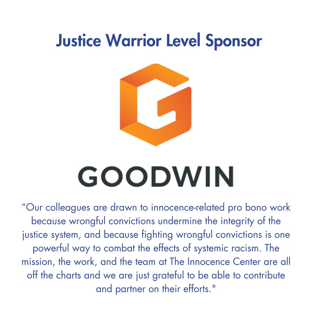 🌟 #MeetOurSponsors 🌟Big shoutout to Goodwin, a Justice Warrior Level Sponsor, for their generosity in supporting our Inaugural Gala! 🙏 Their team of dedicated lawyers also play a crucial role in our intake system and assist with conducting an initial review of innocence cases.