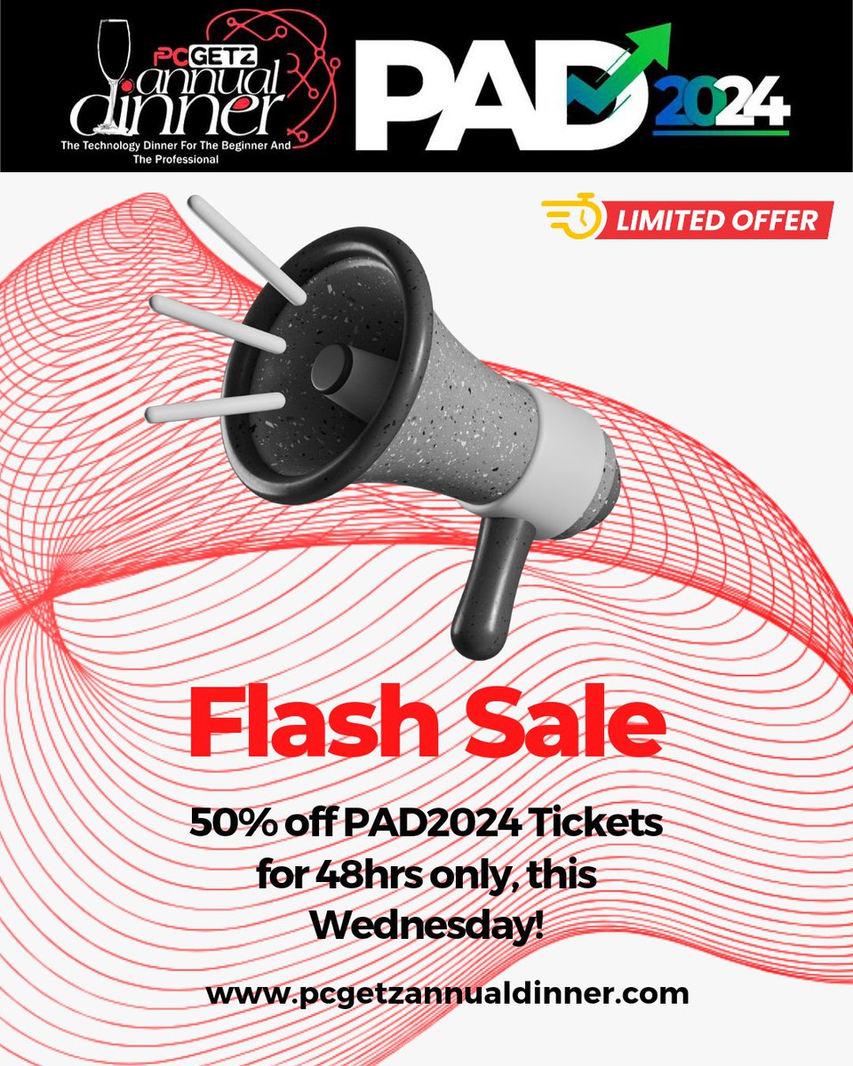 FLASH SALE ALERT!  For 48 hours only, get ready to snag your tickets to PAD2024 at an unbelievable 50% OFF! Don't miss out on this exclusive offer to experience the future firsthand. Mark your calendars - the sale starts this Wednesday!  #PADNIG2024 #FlashSale #FutureAwaits